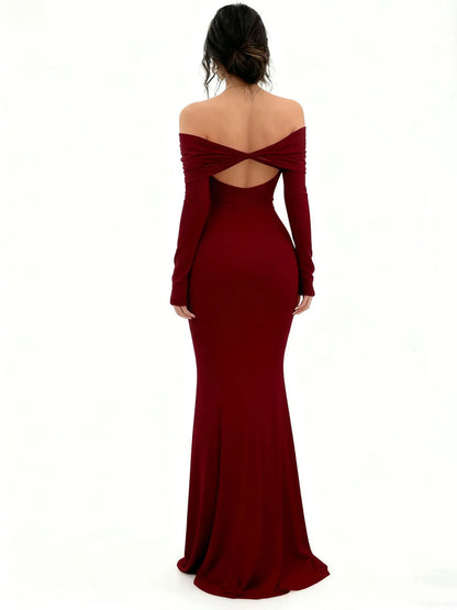 Women's Off-Shoulder Bodycon Dress - Long Sleeve High Slit Bandage Dress, Chic Figure-Hugging Midi
