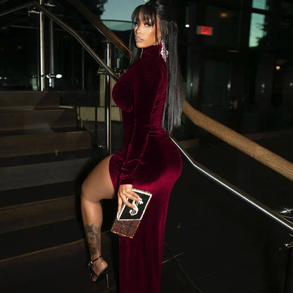 Women's autumn and winter style high-necked long-sleeved velvet dress slim pleated slit dress