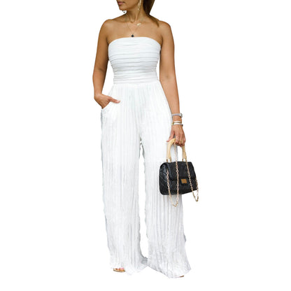 Womens Solid-Color Strapless Sleeveless Wide-Leg Casual Jumpsuit