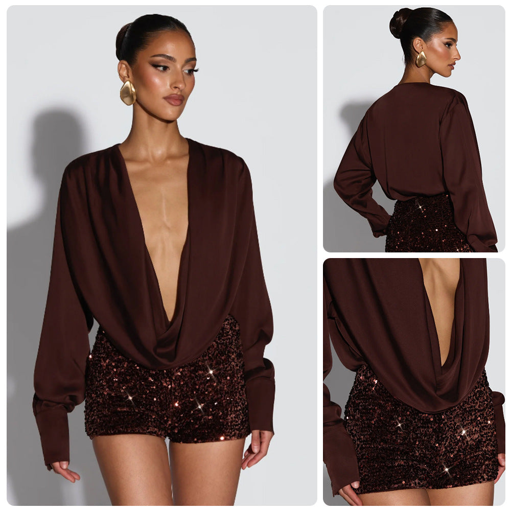 Womens Deep-V Satin Long-Sleeve Bodycon Jumpsuit