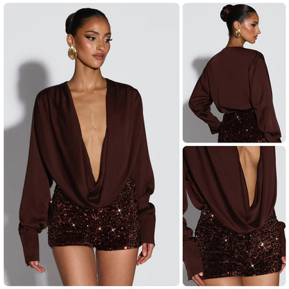 Womens Deep-V Satin Long-Sleeve Bodycon Jumpsuit