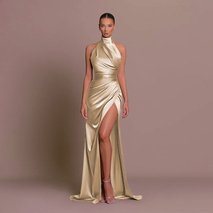 Halter Sleeveless Autumn New Graceful Stand Collar Long Dress