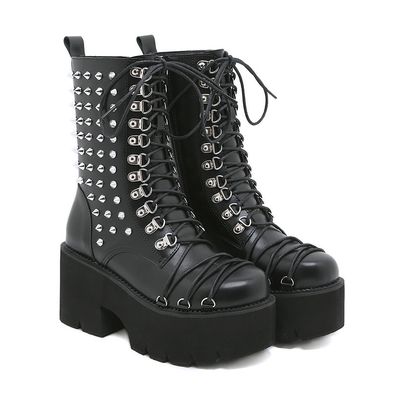 Autumn And Winter New Chunky Heel Side Zip Thick Bottom Fashion Rivet Knight Boots