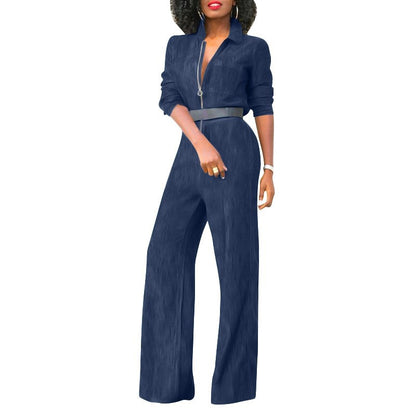 Plus-size Zipper Denim Jumpsuit For Women