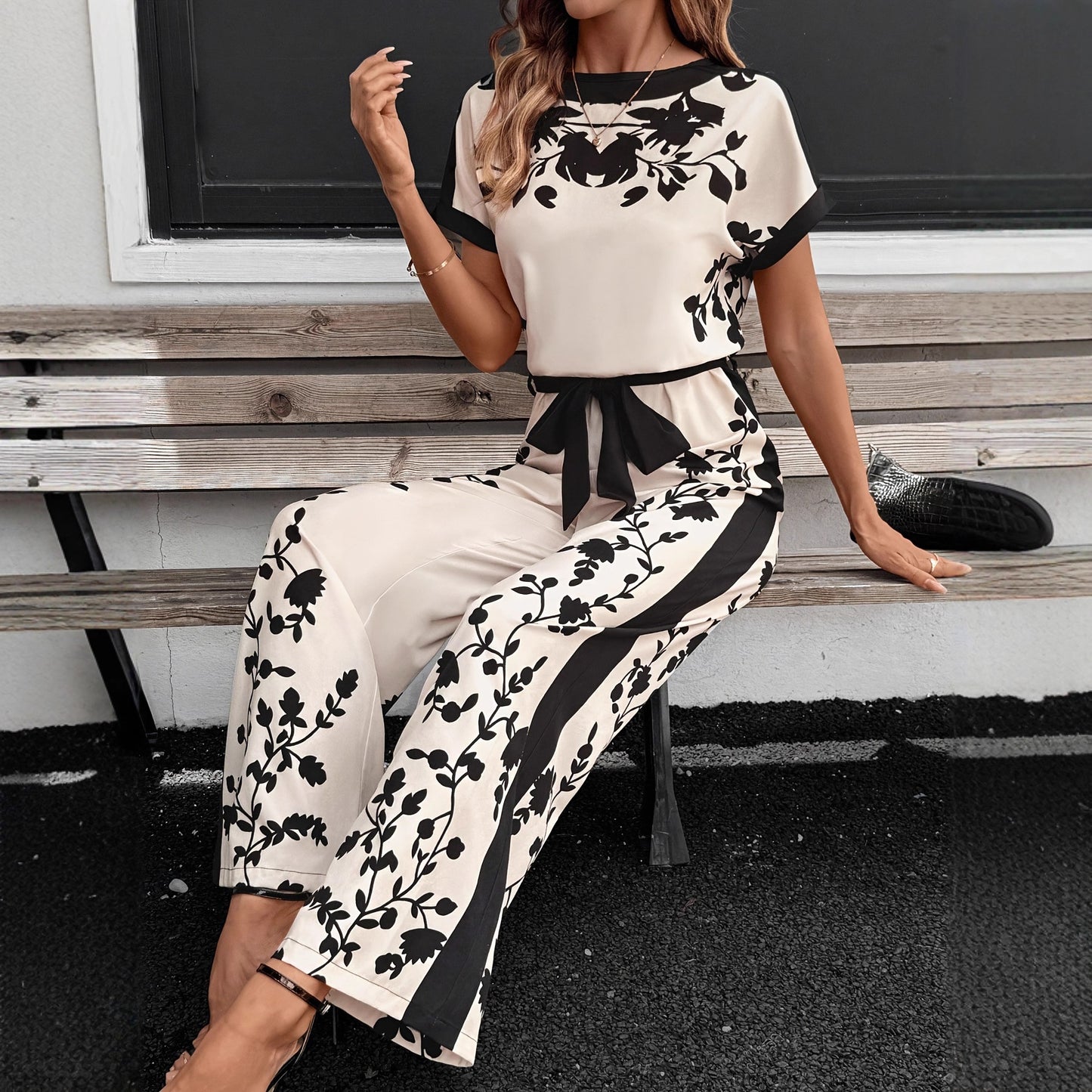 Womens Printed Colorblock Tie-Waist Short-Sleeve Jumpsuit