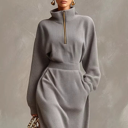 Elegant Casual V-neck Long-sleeve Light Gray Waffle-knit Dress With A Front Zipper