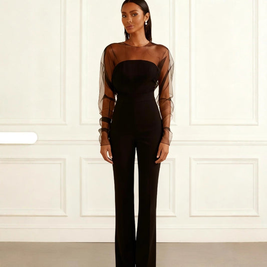 New Womens Sexy Tube Top Mesh Spliced Fashion High Waist Jumpsuit With Long Pants