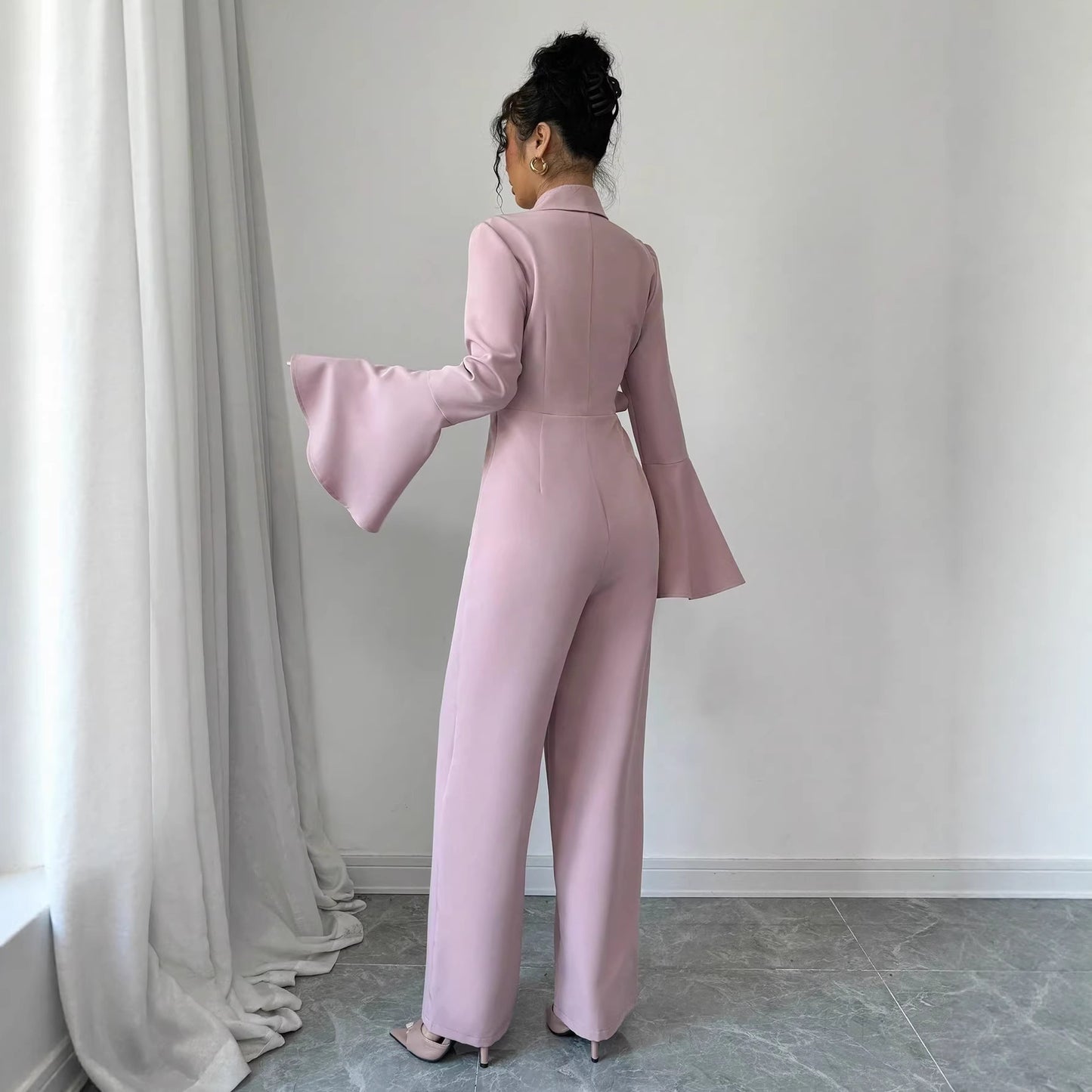 Elegant Solid-color Long-sleeve Flared-sleeve Wide-leg Jumpsuit