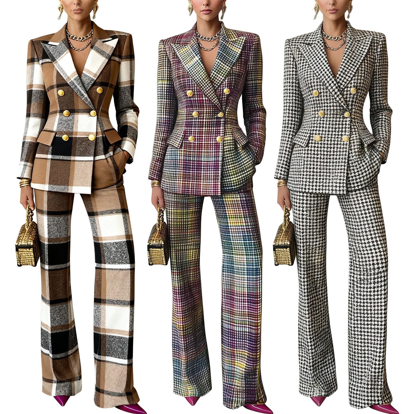 Plaid-printed Long-sleeve Tailored Suit Pants Set