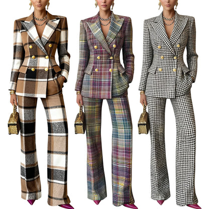 Plaid-printed Long-sleeve Tailored Suit Pants Set