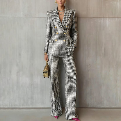 Plaid-printed Long-sleeve Tailored Suit Pants Set