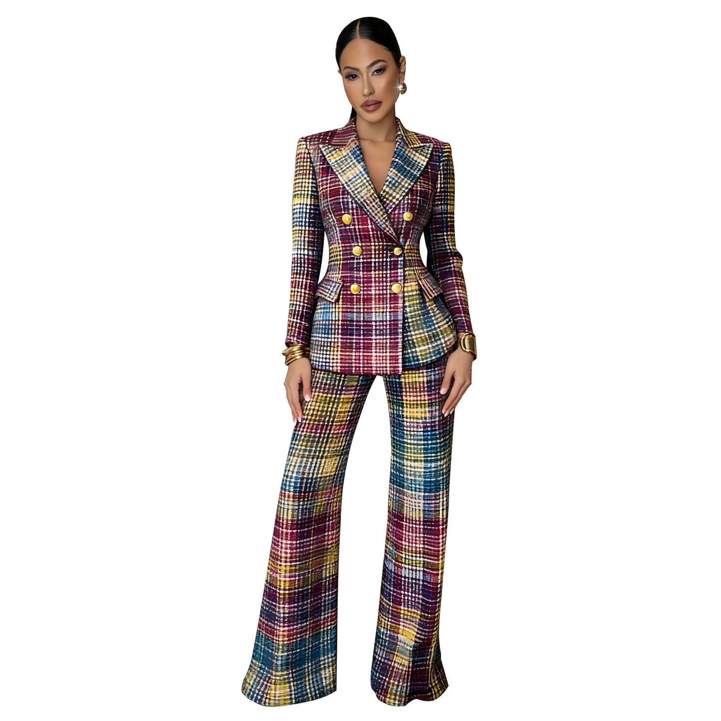 Plaid-printed Long-sleeve Tailored Suit Pants Set