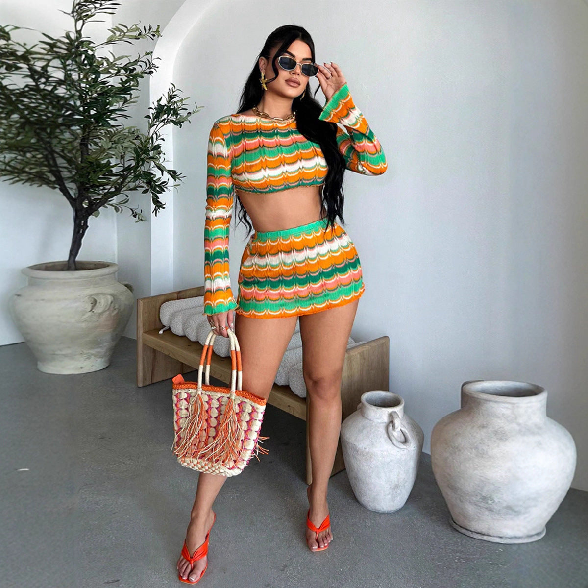 European And American-style Sexy Midriff-baring Multi-color Woven Womens Set