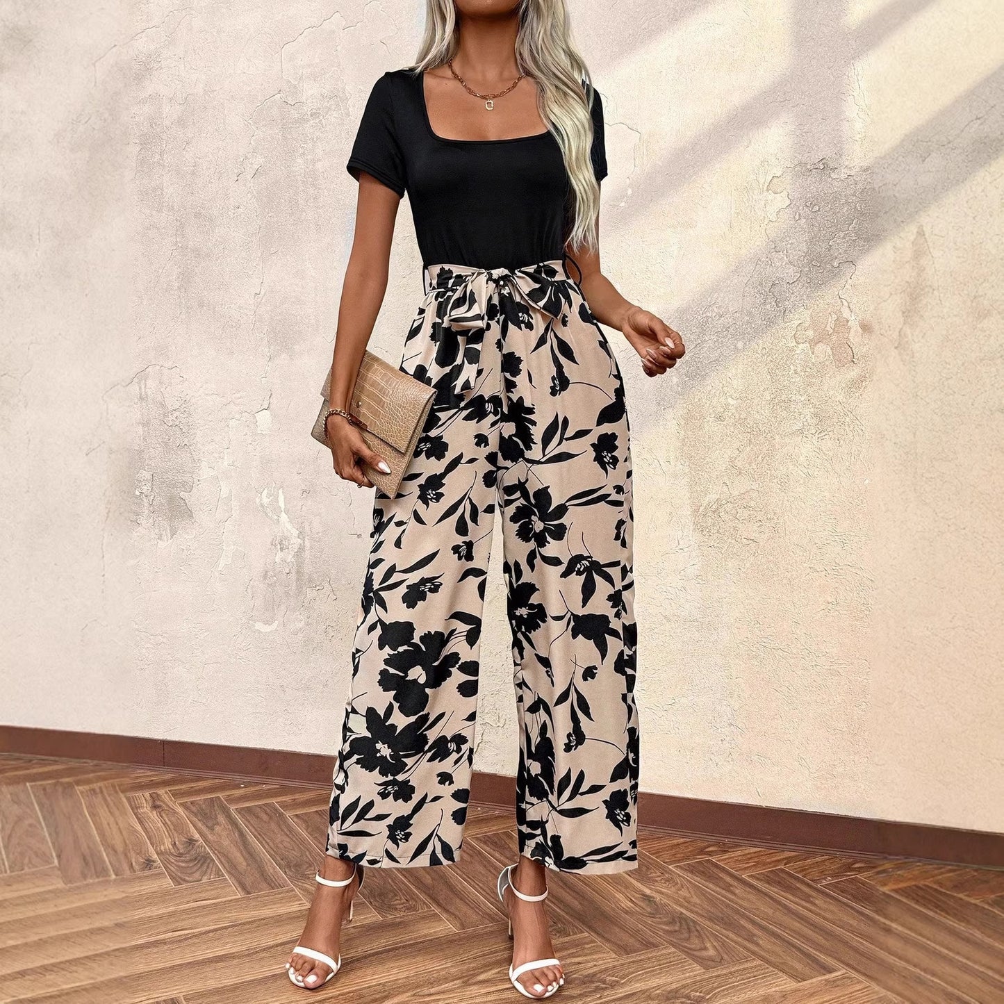 Printed Tie-waist Straight-leg Jumpsuit