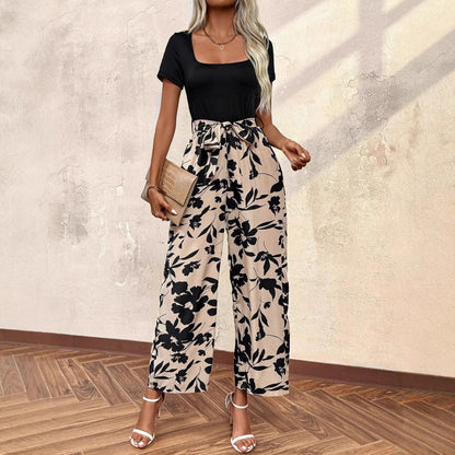 Printed Tie-waist Straight-leg Jumpsuit