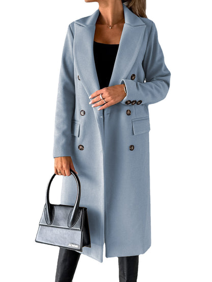 Double Breasted Lapel Coat Winter Fashion Solid Slim Long Jacket Long Sleeve Tops Womens Clothing