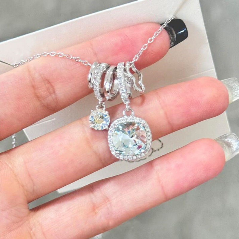 S925 Pure Silver Ice-clear Sea Blue Square Zircon Necklace