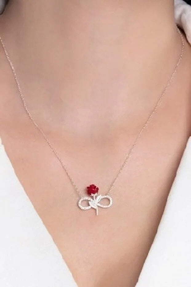925 Sterling Silver Red Rose Infinity Necklace With White Stone
