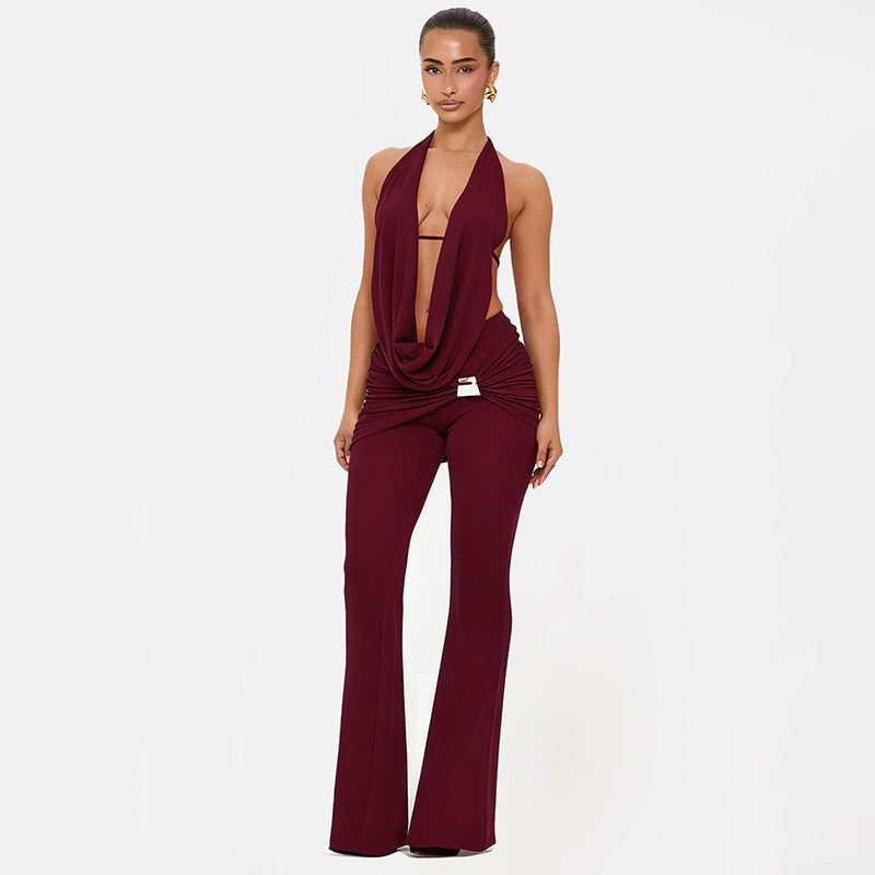 Solid-color Halter V-neck Set For A Chic Elegant