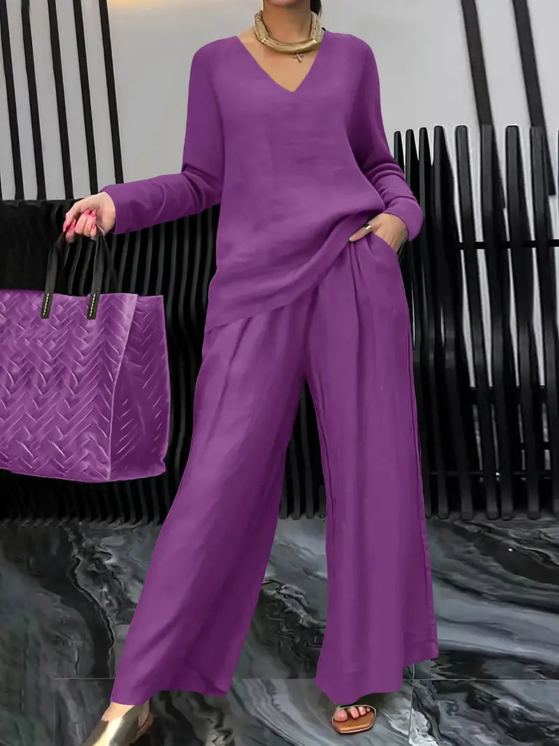 Womens Solid Color Casual Travel Set With Long Sleeves