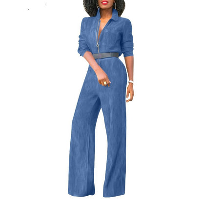 Plus-size Zipper Denim Jumpsuit For Women