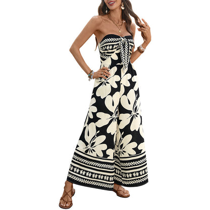 Floral-print Lace-up Bandeau Backless Jumpsuit