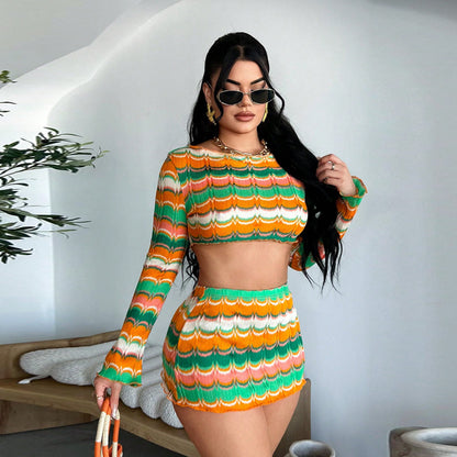 European And American-style Sexy Midriff-baring Multi-color Woven Womens Set