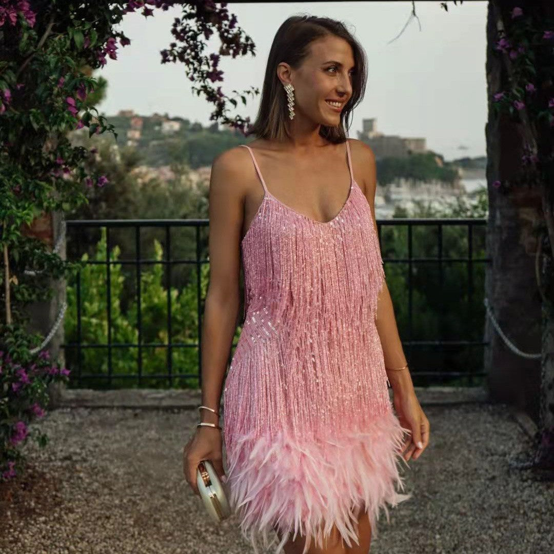 Sexy Tassel Sequins Feather Summer Mini Dress Women V Neck Spaghetti Strap Stitching Dresses Female Elegant Evening Party Club Dress
