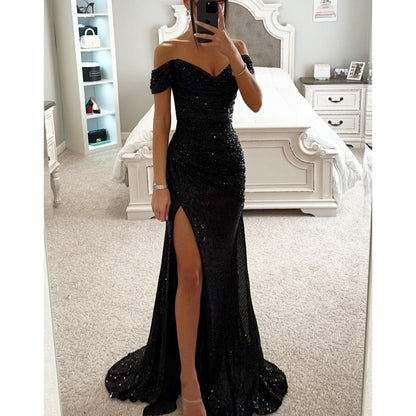 Party Sequins Off-neck Split Dress INS Casual Fashion Dress Women Charming Slimming Dress For Women