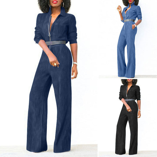 Plus-size Zipper Denim Jumpsuit For Women