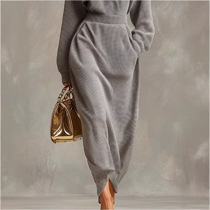 Elegant Casual V-neck Long-sleeve Light Gray Waffle-knit Dress With A Front Zipper