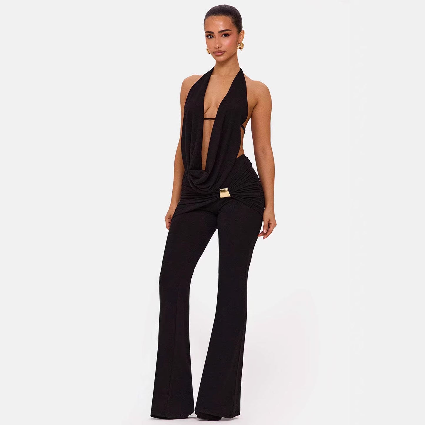 Solid-color Halter V-neck Set For A Chic Elegant