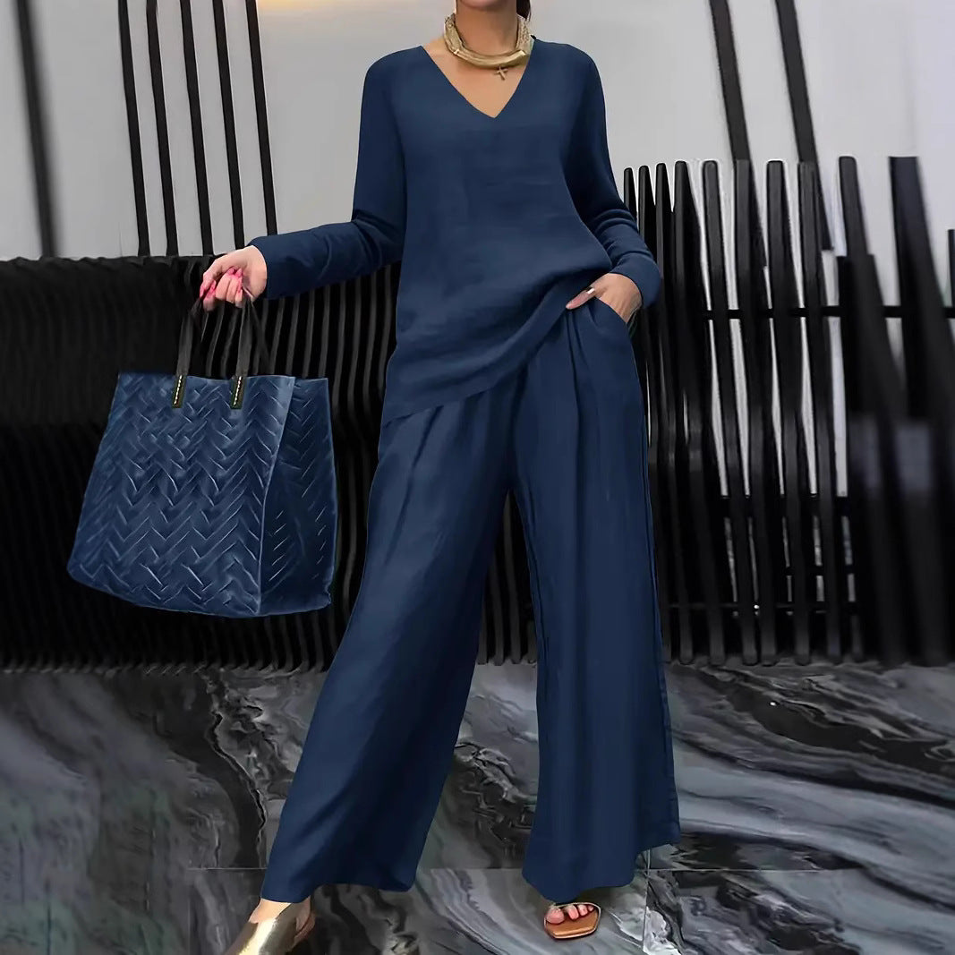 Womens Solid Color Casual Travel Set With Long Sleeves