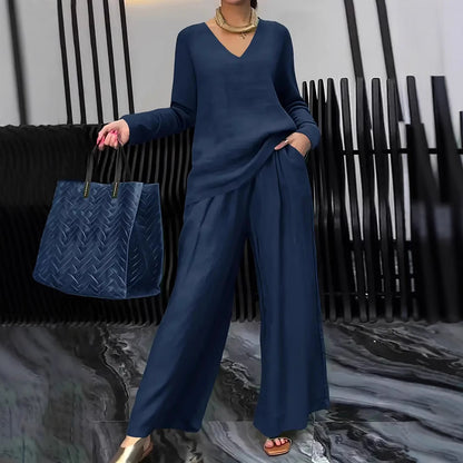 Womens Solid Color Casual Travel Set With Long Sleeves