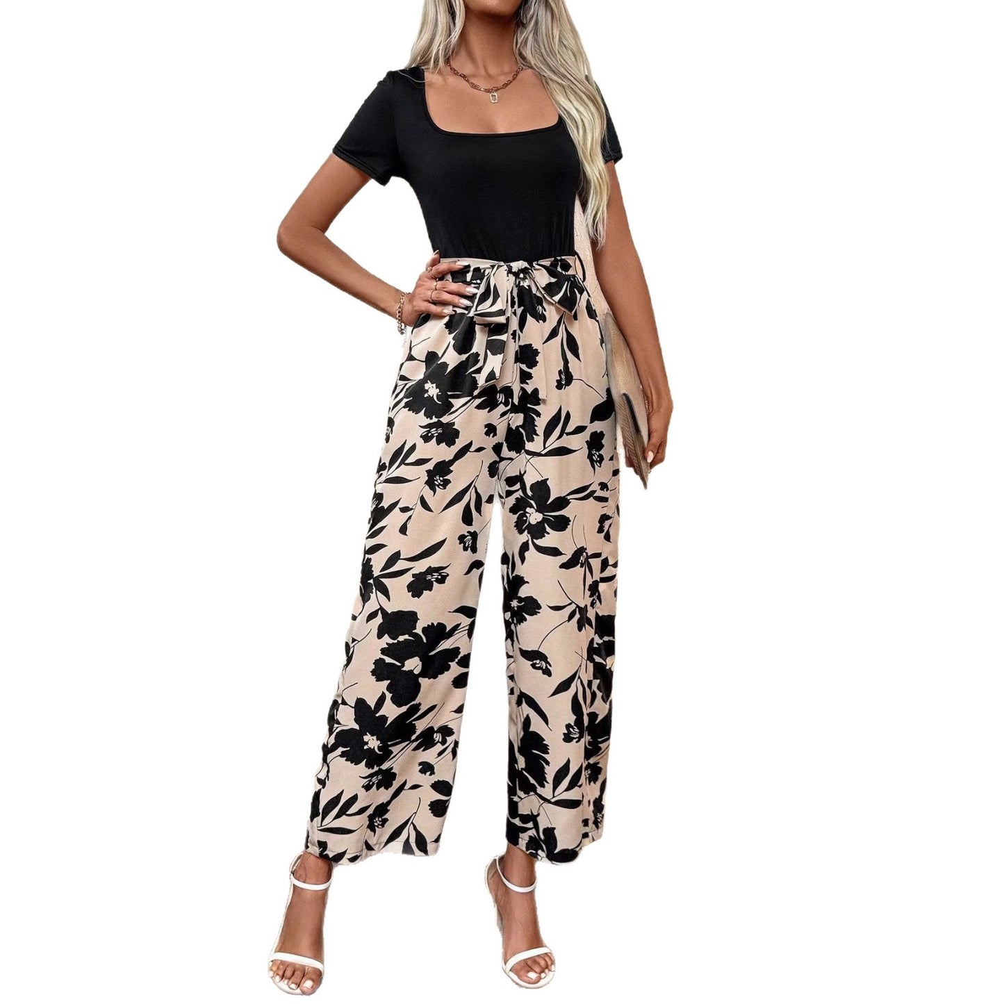 Printed Tie-waist Straight-leg Jumpsuit