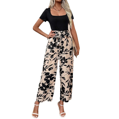 Printed Tie-waist Straight-leg Jumpsuit